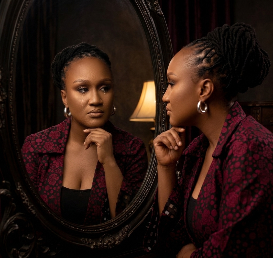 Dzigbordi Kwaku-Dosoo looking at her reflection in a mirror